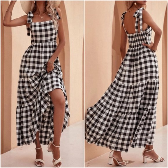 Boho Black White Plaid Gingham Ruffle Maxi Dress - Picture 2 of 3